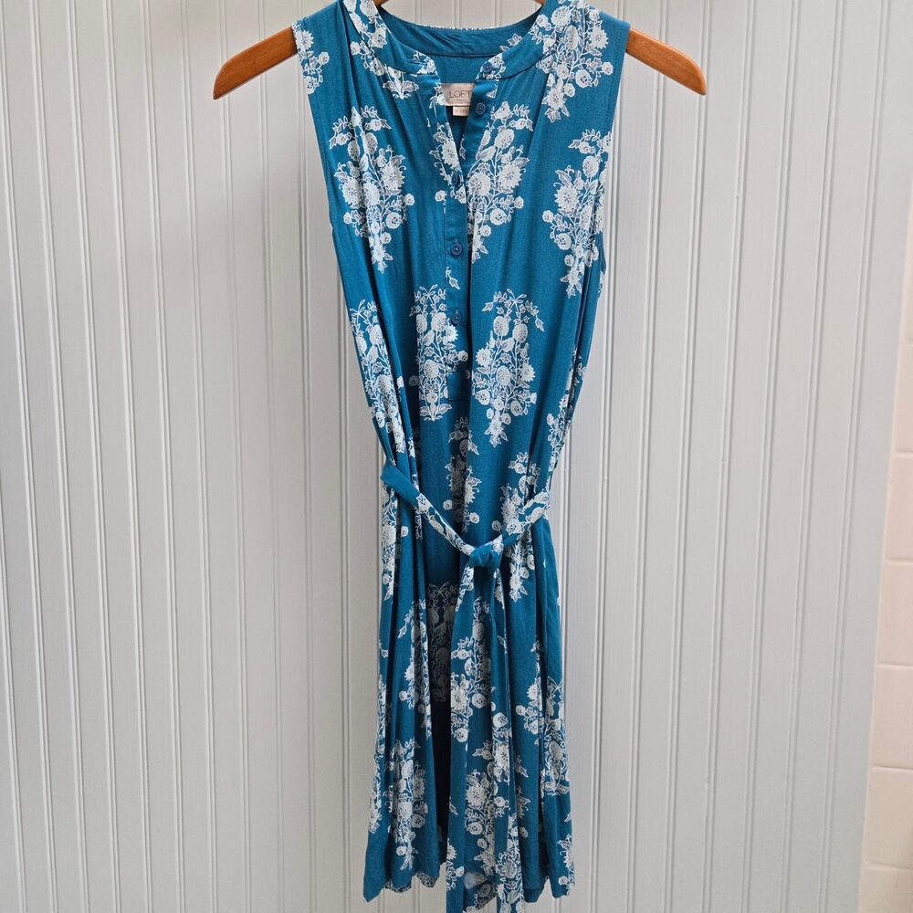 Ann Taylor Loft Outlet Cerulean Blue Country Floral Sleeveless Shirt Dress
